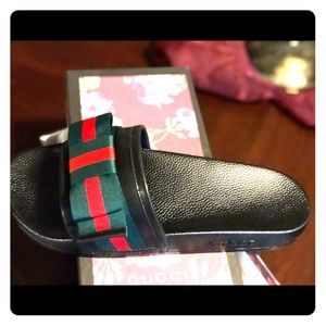Black Slides with Red and Green Bow